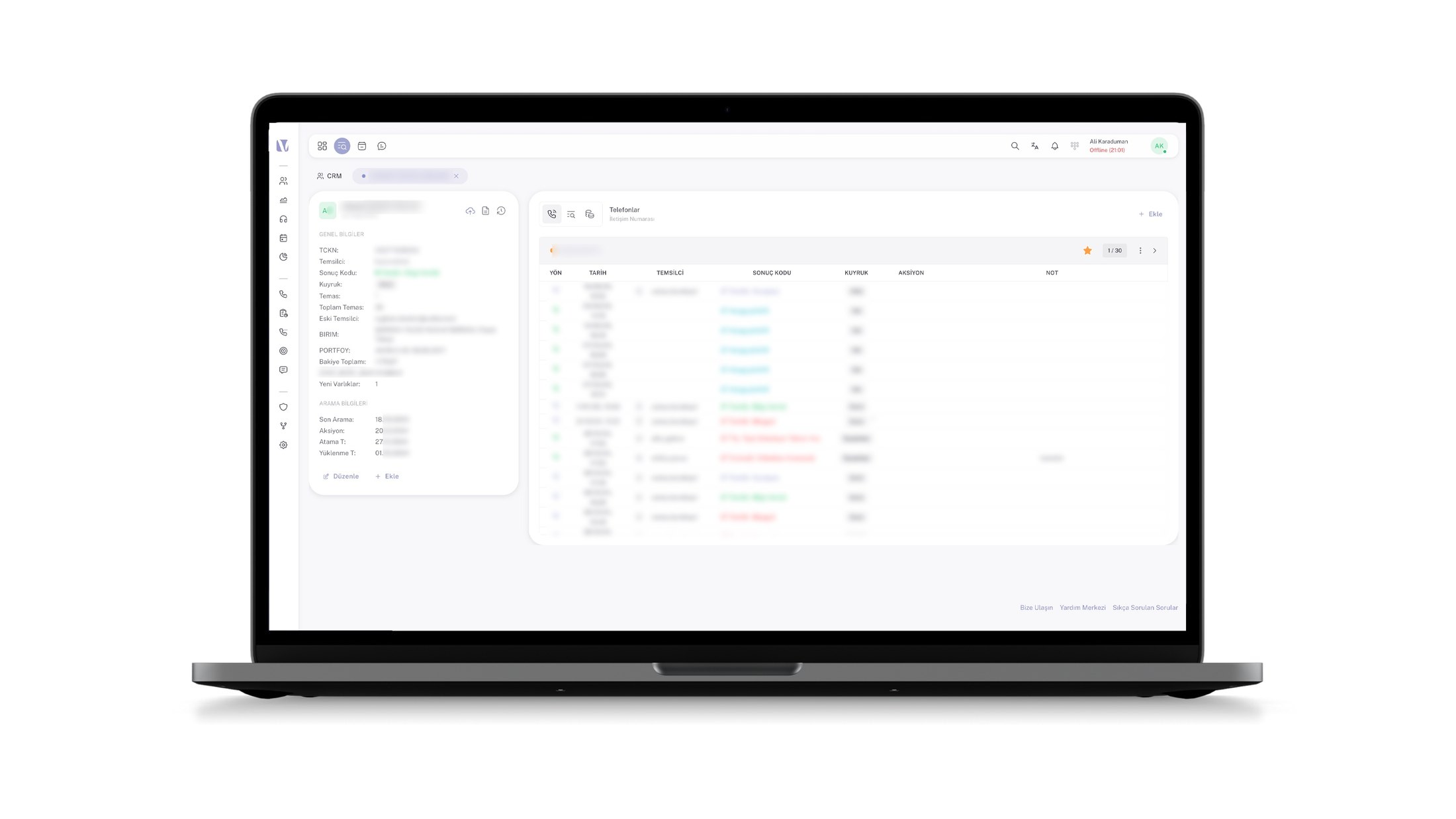 Voyce çağrı merkezi CRM ekranında müşteri kartı, portföy ve bakiye bilgisi, yanında numara bazlı temas geçmişi