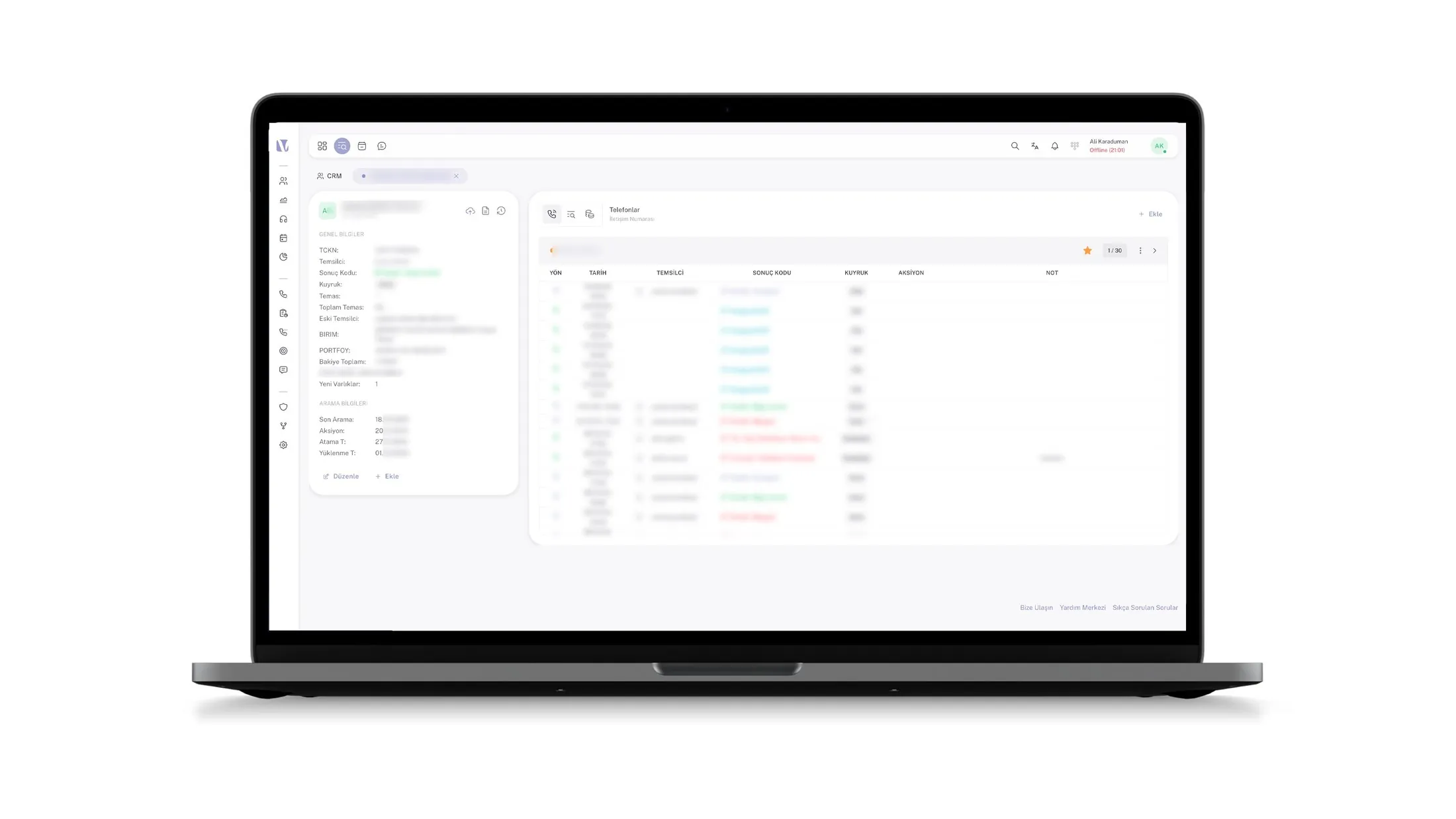 Voyce çağrı merkezi CRM ekranında müşteri kartı, portföy ve bakiye bilgisi, yanında numara bazlı temas geçmişi.